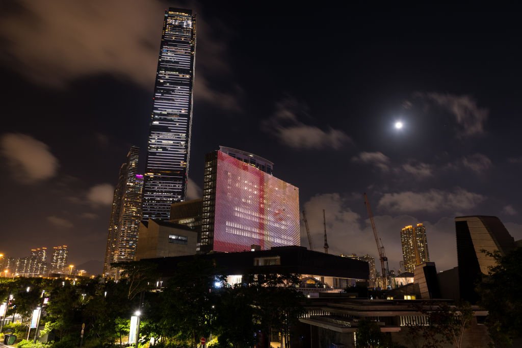 Hong Kong, China, 20 Nov 2021, The M+ modern art museum in front of the ICC tower in Kowloon West. (Photo by Marc Fernandes/NurPhoto via Getty Images)