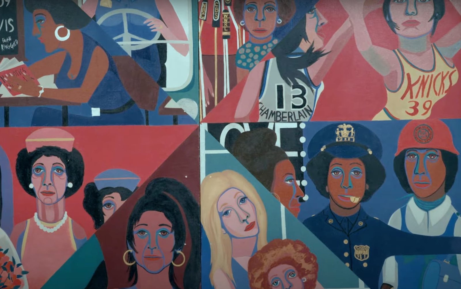 a detail image of a colorful mural divided into eight parts depicting women in various professions