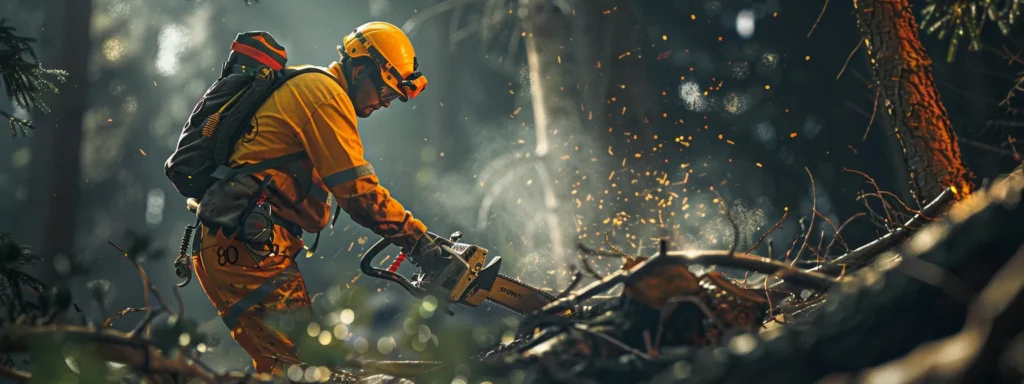 a lumberjack wearing sturdy protective gear carefully navigates fallen trees with precision and care, chainsaw in hand.