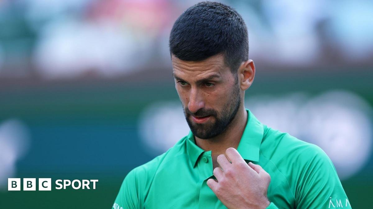 Novak Djokovic reacts during his iNdian Wells defeat by Botic van de Zandschulp