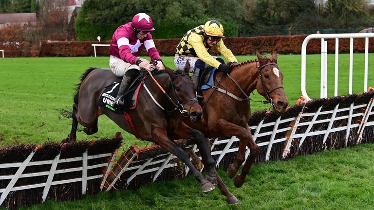 Punchestown 22-11-24  .Brighterdaysahead & Jack Kennedy (Maroon) win the Grade 1 Morgiana Hurdle from State Man & Paul Townend (yellow).(Photo HEALY RACING)