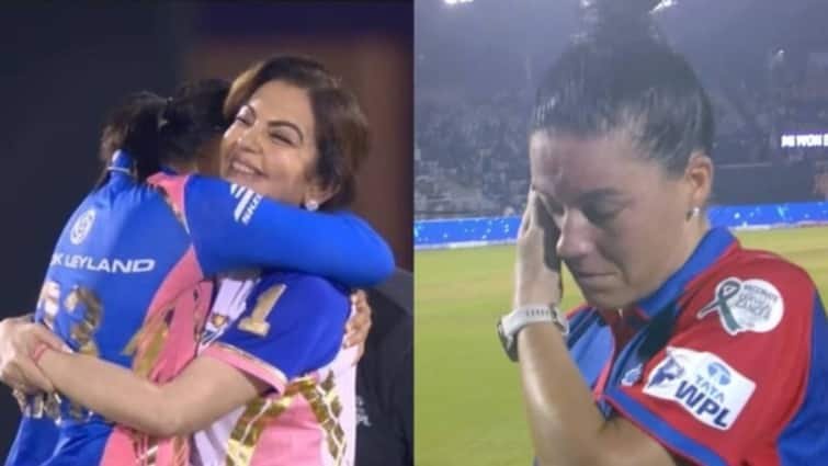 Harmanpreet Kaur hugs Nita Ambani while Marizanne Kapp crestfallen left in tears MI vs DC WPL Final 2025 sports news Watch: नीता अंबानी को गले लगाकर खुशी से झूम उठीं हरमन, तो मेरिजन कैप-मेग लेनिंग के निकले आंसू; देखें फाइनल के यादगार लम्हें