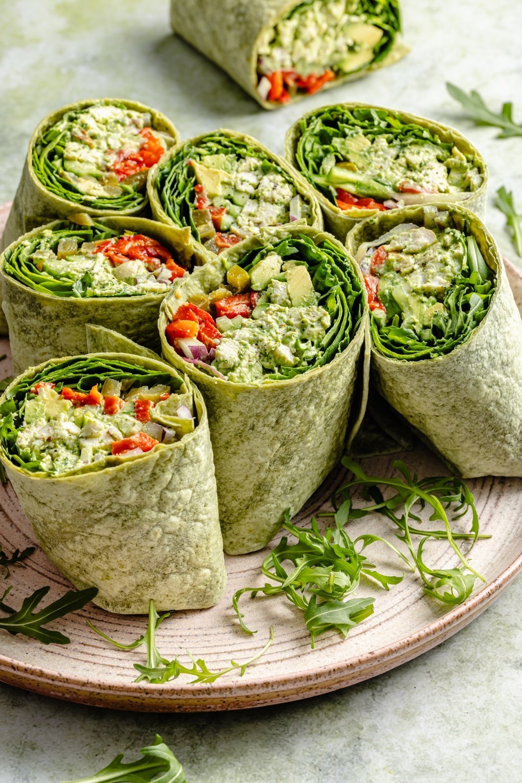 green goddess chicken salad wraps on a plate