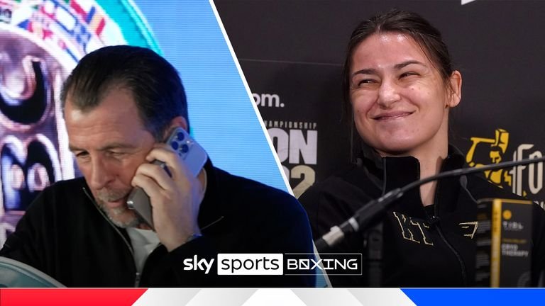 Natasha Jonas' trainer Joe Gallagher trolls Katie Taylor as his phone rings during his fighter's presser conference ahead of her battle against Lauren Price.