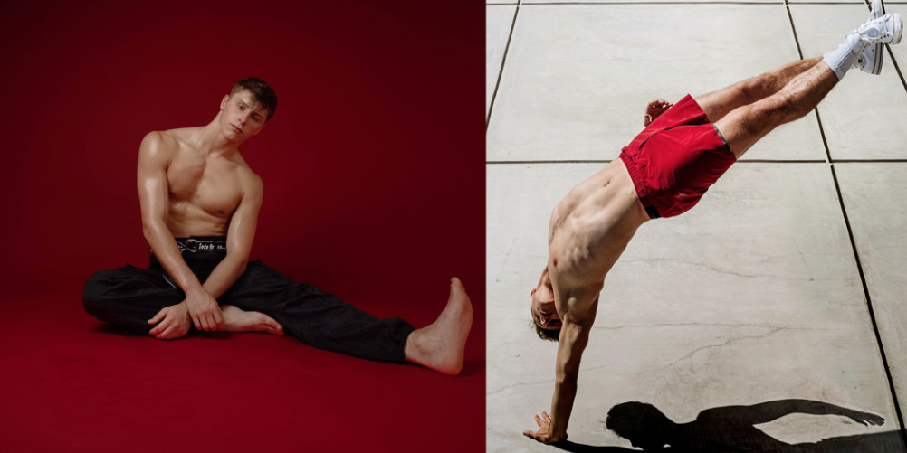 On left, a male dancers sits on the floor with one leg out. On the right, he performs a one handed handstand outside.