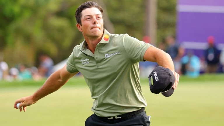 Viktor Hovland of Norway reacts on the 18th green during the final round of the Valspar Championship 2025 at Innisbrook Resort and Golf Club on March 23, 2025 in Palm Harbor, Florida. (Photo by Douglas P. DeFelice/Getty Images)