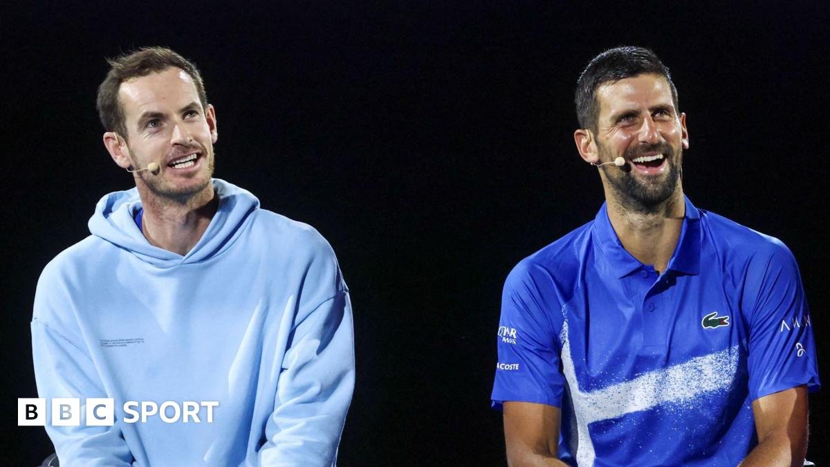 Andy Murray and Novak Djokovic laugh during a charity match at the Australian Open in January 2025