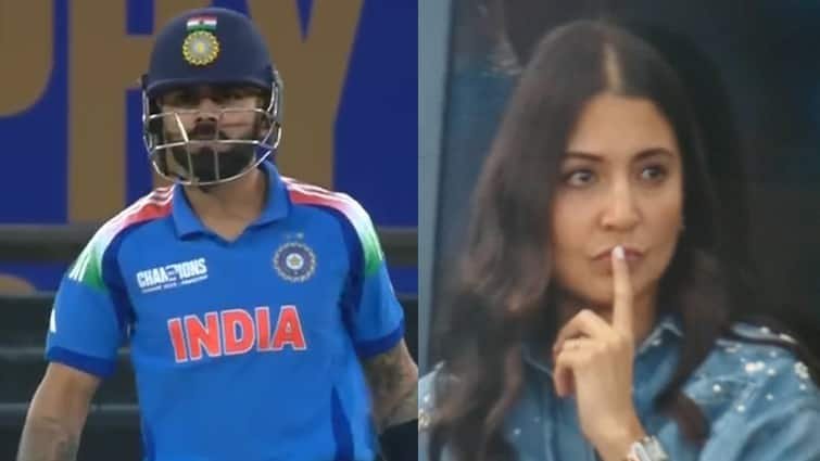 ind vs nz anushka sharma reaction when virat kohli dismissed for 1 in 2 balls in india vs new zealand champions trophy 2025 final IND vs NZ: फाइनल में नहीं चला विराट कोहली का बल्ला, सिर्फ एक रन बनाकर आउट; मायूस हो गईं वाइफ अनुष्का शर्मा