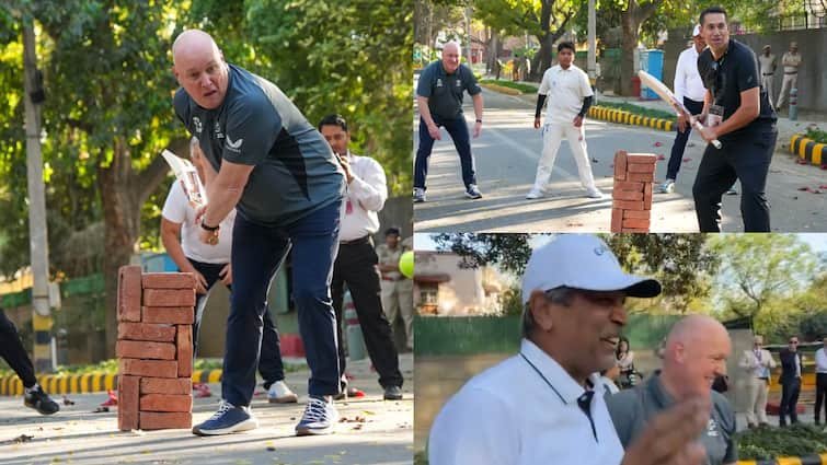 new zealand pm christopher luxon plays gully cricket in delhi india world cup winning captain kapil dev surprised to see pm fielding न्यूजीलैंड के प्रधानमंत्री ने दिल्ली में खेला गली क्रिकेट, PM की फील्डिंग देख कपिल देव भी हुए हैरान; देखें वीडियो