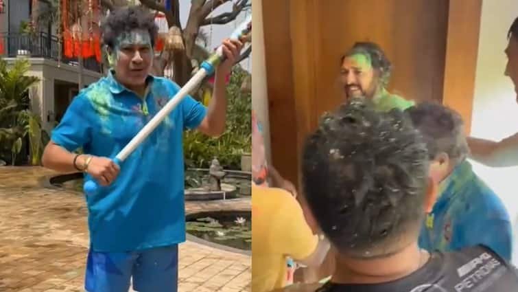 sachin tendulkar holi prank yuvraj singh video yusuf pathan holi news during international masters league इंडिया की होली, सचिन तेंदुलकर ने युवराज के साथ किया प्रैंक फिर यूसूफ पठान पर पिचकारी; देखें वीडियो