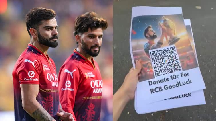 ipl 2025 qr code on virat kohli donate 10 rs for rcb goodluck prank by content creator video goes viral RCB फैंस को पागल बनाकर कमाए पैसे, कोहली की फोटो पर QR कोड लगाकर किया प्रैंक; वीडियो वायरल